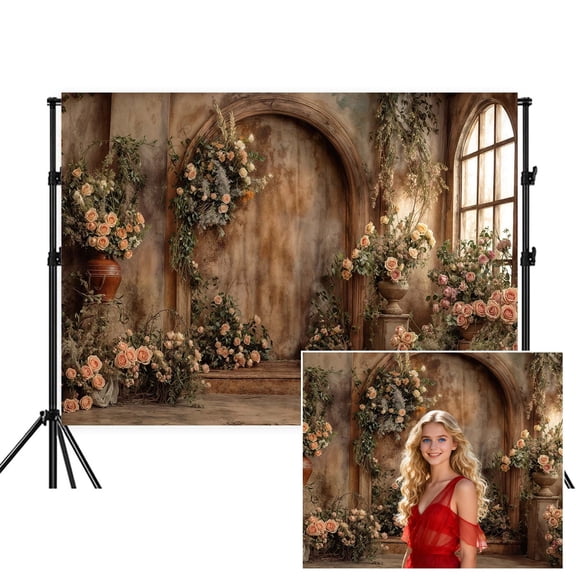 Arch Wall Flowers Backdrop,Retro Medieval Building Pink Rose Photo Background,Realistic Stylish Romantic Palace Banner for Wedding Birthday Bridal Shower Party Decor,Red,7x5FT