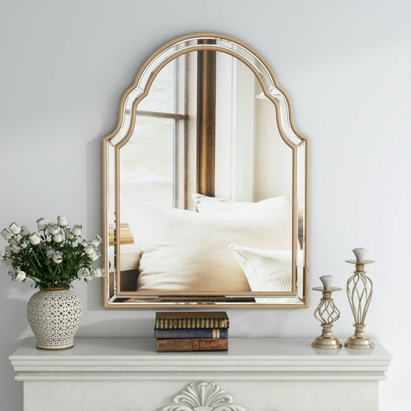 Arch Wall Mirror Gold Double Layer Design Framed Mirror, Arch Wall-Mounted Mirrors Decor Modern Dresser Mirror for Bedroom Living Room