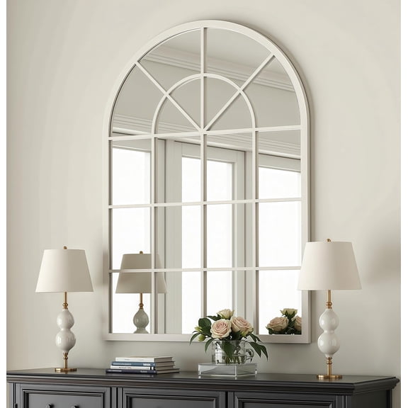Arch Wall Mirror Mounted Decorative, 30"x42", Arched Window Pane Mirror for Wall-Mounted for Entryway, Bathroom Vanity, Living Room or Bedroom, Iron Frame, White