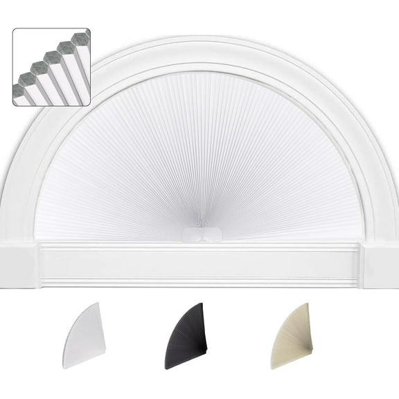 Arch Window Blackout Shades, Pleated Fabric Blind Half Circle Cellular Cordless Semicircular Blinds with No Tools, Half-Round Shade Easy to Cut and Install, White