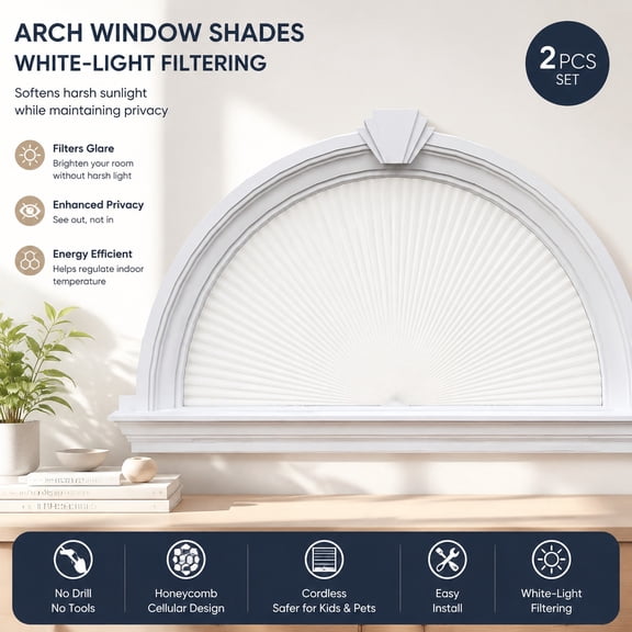 Arch Window Half Circle Light Filtering Cellular Shades Cordless No Drill Half Moon Honeycomb Fabric Window Blinds Easy Install White 24" W x 12" H