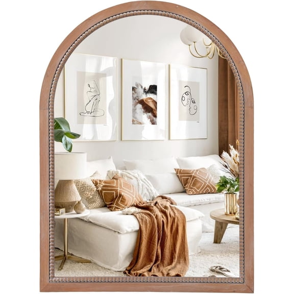 Arch Wood Mirror,22x30 inch Arched Rustic Farmhouse Natural Wooden Frame Boho Beads Wall Mirror for Bathroom,Living Room,Bedroom or Entryway