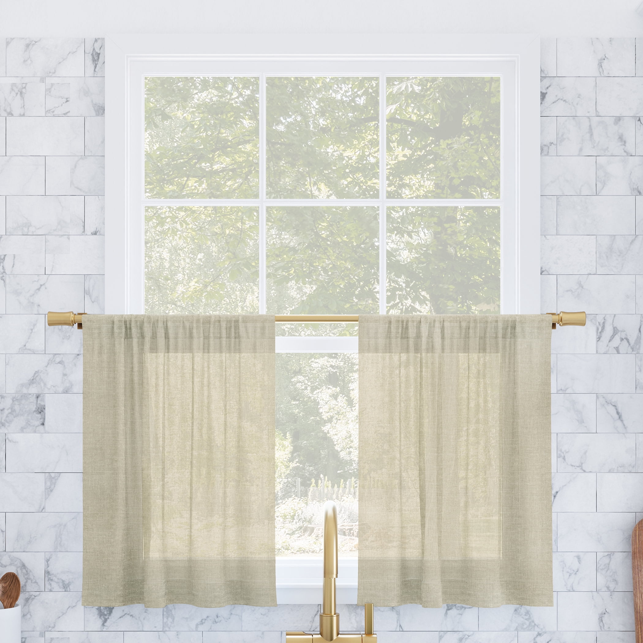 Archaeo 2-Pack Slub Textured Linen Blend Cafe Curtain Pair, 56"W X 24"L, Linen