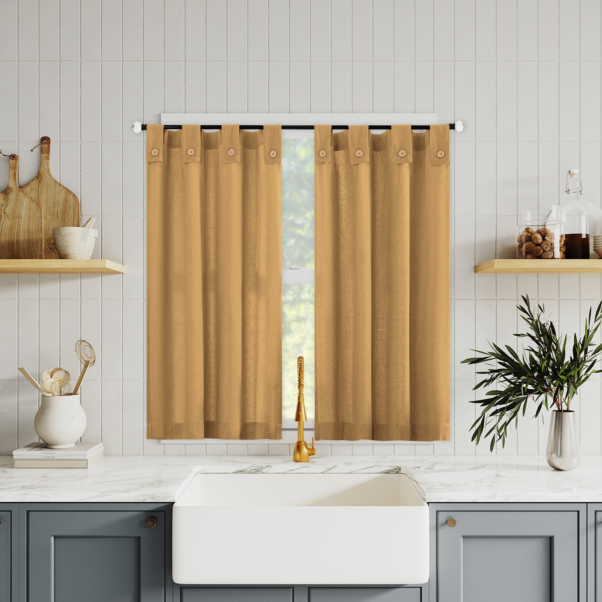 Camel Cotton Blend Button Tab Top Cafe Curtain Pair, 54" x 36"