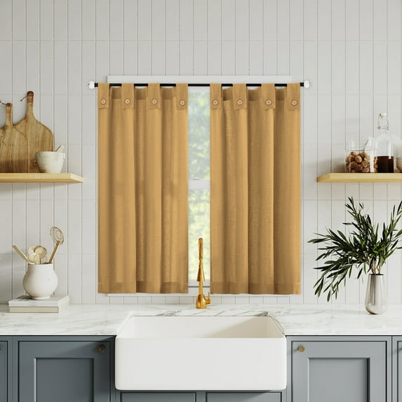 Archaeo 2-pack Cotton Blend Button Tab Top Cafe Curtain Pair, 54"x36", Camel