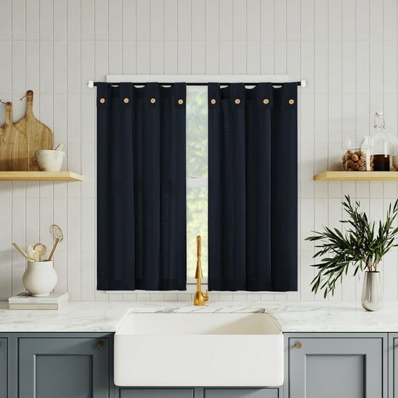 Archaeo 2-pack Cotton Blend Button Tab Top Cafe Curtain Pair, 54"x36", Navy Blue