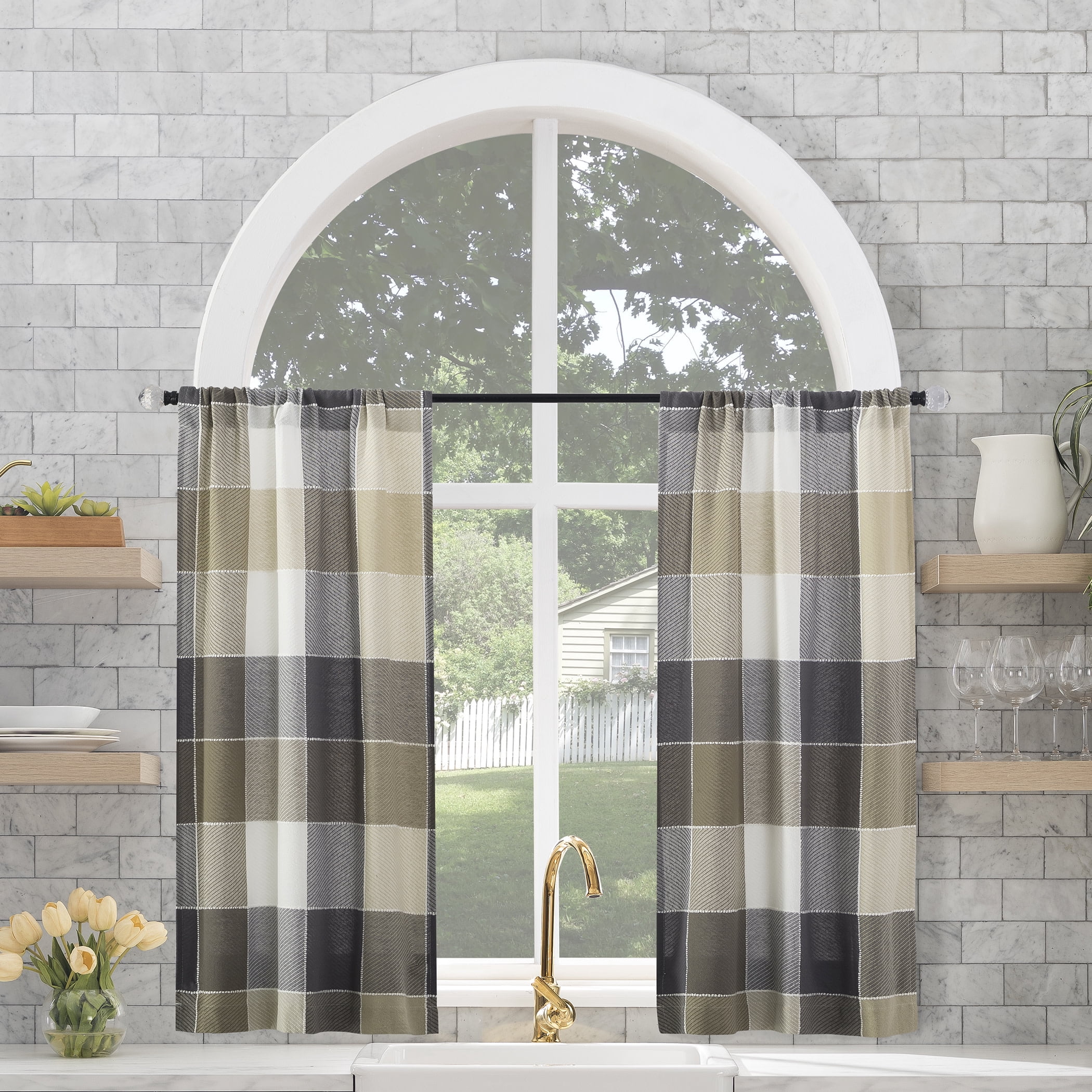 Archaeo Colorblock Plaid 100% Cafe Curtain Pair, 52"x45", 52"x45", Mocha Brown