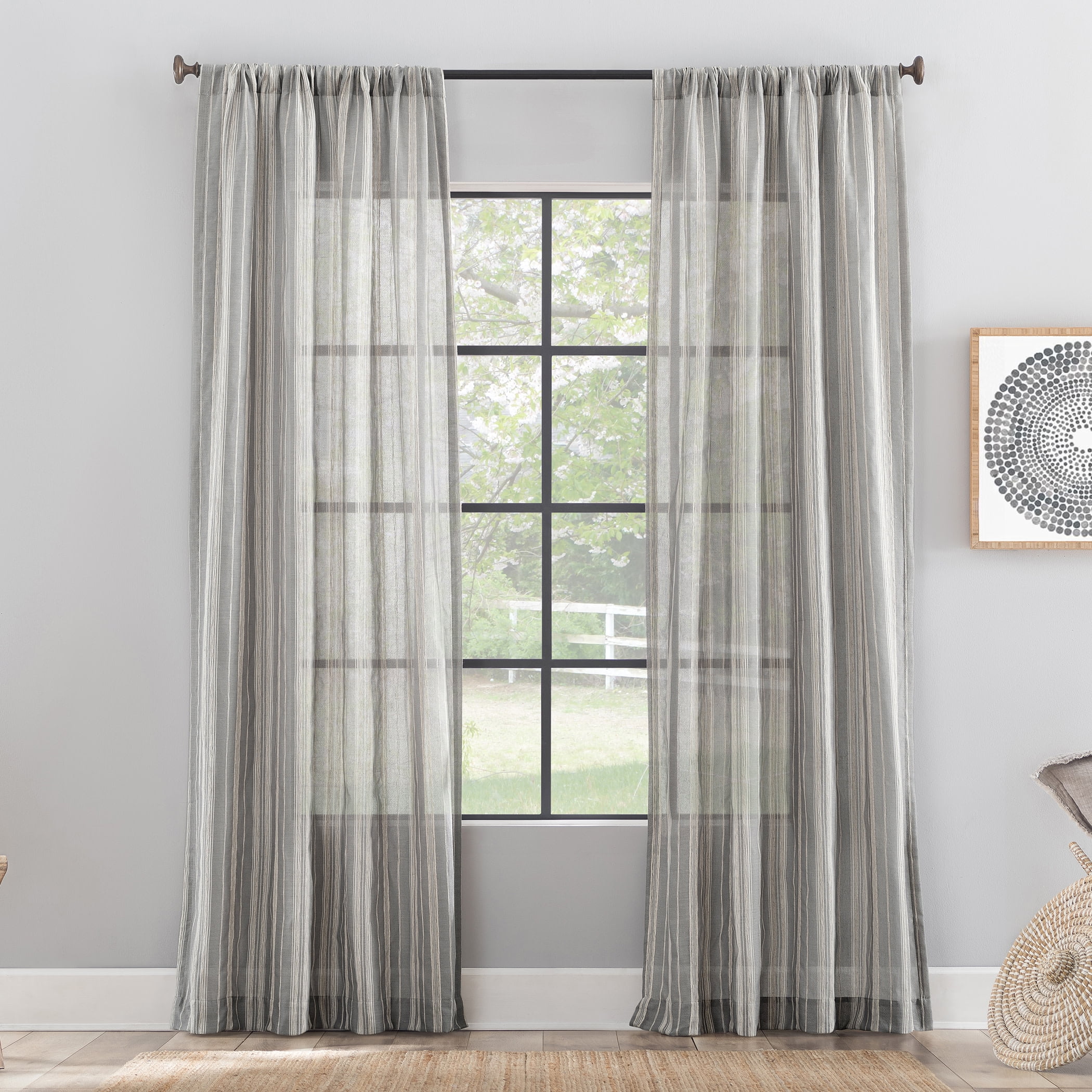 Archaeo Embroidered Stripe Linen Blend Curtain, 50"x84", 50"x84", Gray