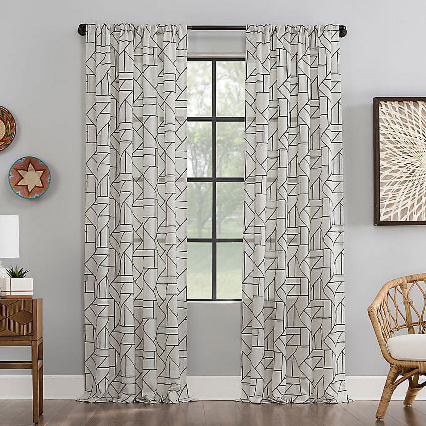 Black and Linen Geometric Embroidered Sheer Curtain Panel