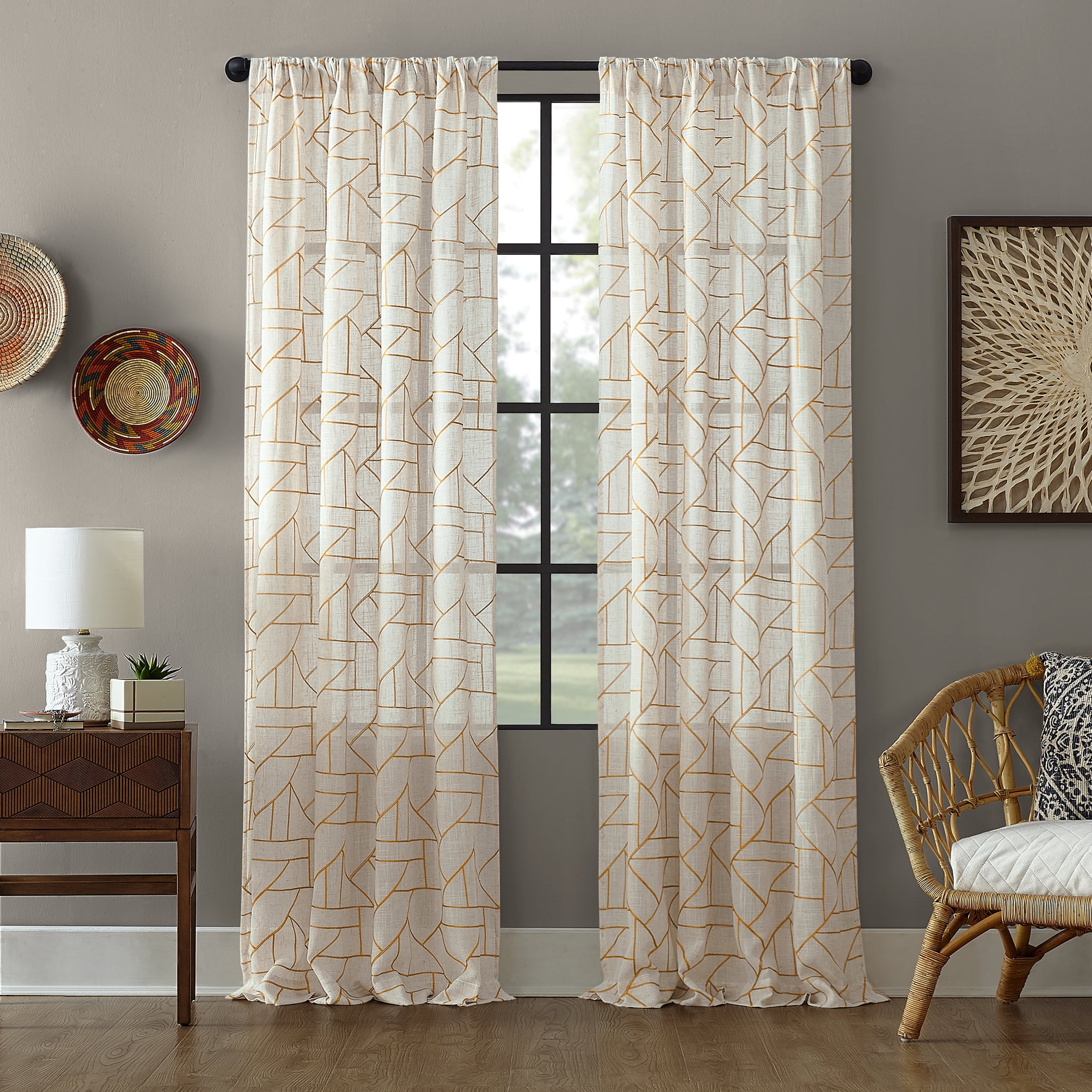 Gold and Linen Light-Filtering Embroidered Curtain Panel