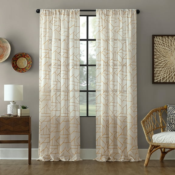 Archaeo Jigsaw Embroidery Linen Blend Curtain, 50"x95", Gold/Linen