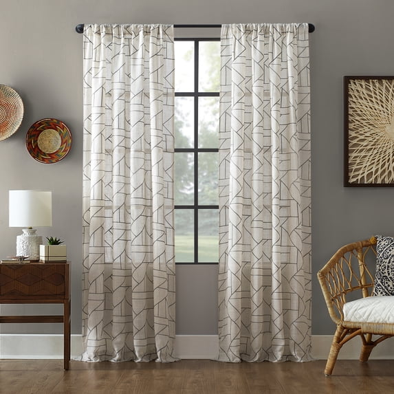 Archaeo Jigsaw Embroidery Linen Blend Curtain, 50"x95", Gray/Linen