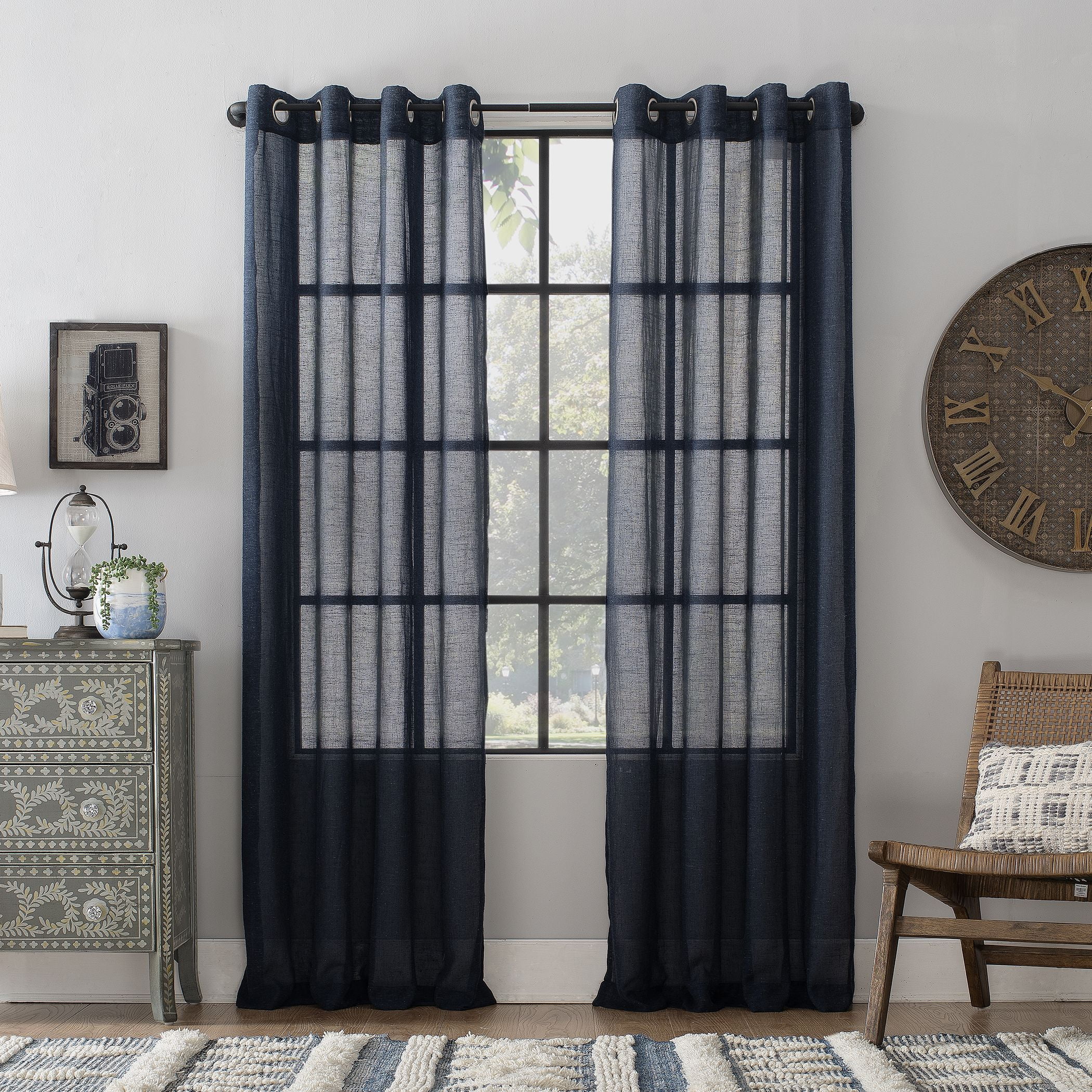 Archaeo Slub Textured Linen Blend Grommet Top Curtain, 52"x63", Navy