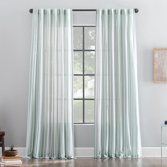 Archaeo Stonewashed Stripe 100% Cotton Buttoned Back Tab Curtain, 50"x84", 50"x84", Spa Green