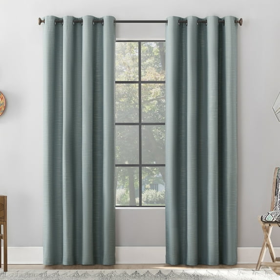 Archaeo Textured Linen Blend Total Blackout Grommet Top Curtain, 50"W X 63"L, Storm Blue