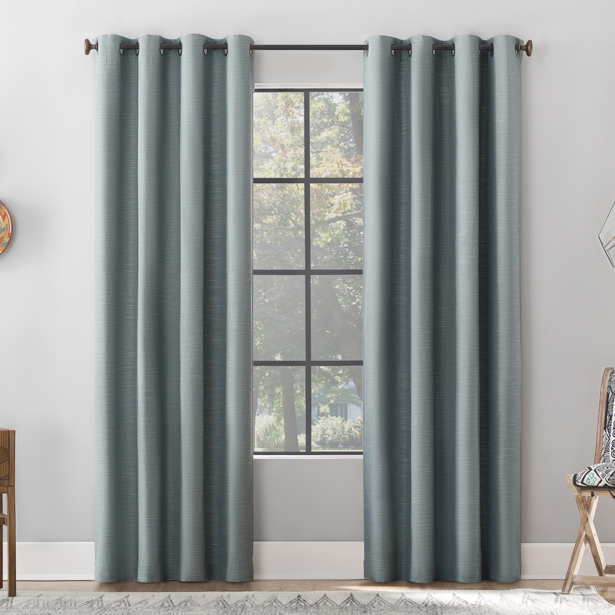 Archaeo Textured Linen Blend Total Blackout Grommet Top Curtain, 50"W X 96"L, Storm Blue