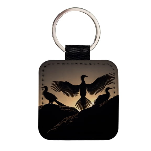 Archaeopteryx Silhouettes Dinosaurs Faux Leather Square Keychain