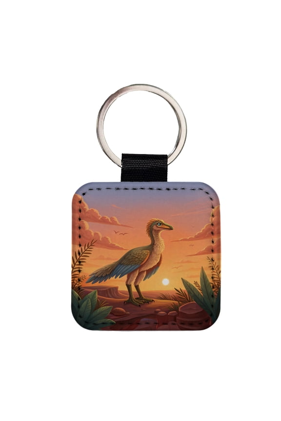 Archaeopteryx Standing Sunset Dinosaur Faux Leather Square Keychain