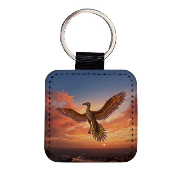 Archaeopteryx Sunset Dinosaur Faux Leather Square Keychain