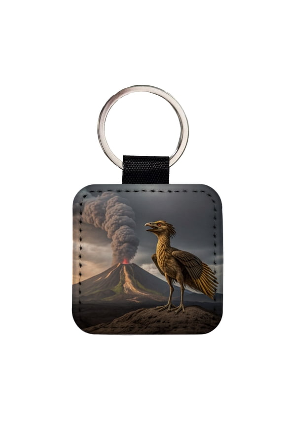 Archaeopteryx Volcano Dinosaur Faux Leather Square Keychain