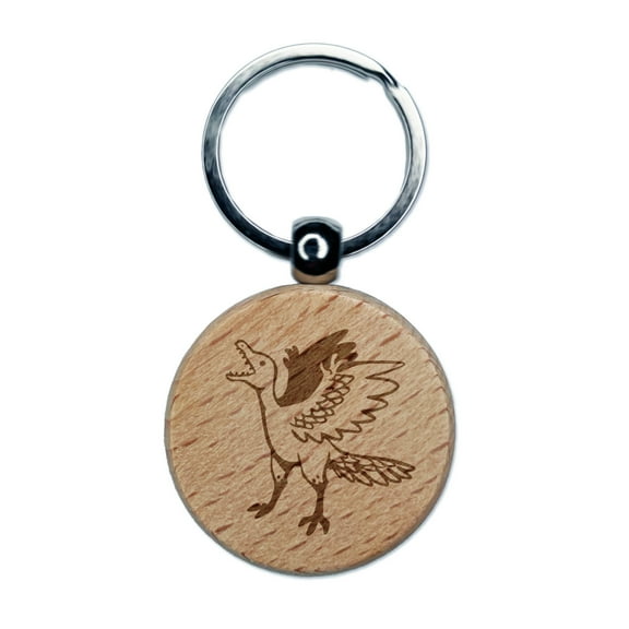 Archaeopteryx Winged Feathered Bird Like Dinosaur Round Keychain Charm Tag - Engraved Wood