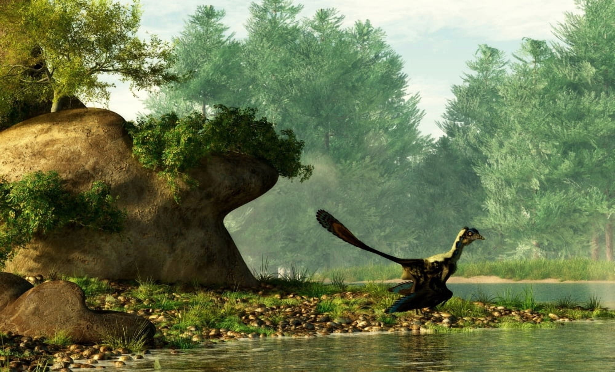 Archaeopteryx on the shore of a river Canvas Art - Daniel EskridgeStocktrek Images (19 x 11)