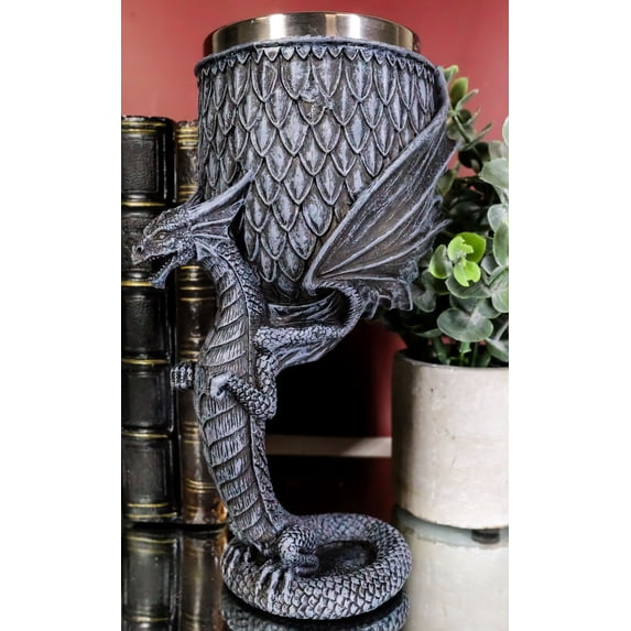 Archaic Gray Stone Dragon Atlas Bearing Globe Of Scales Wine Goblet Chalice Cup
