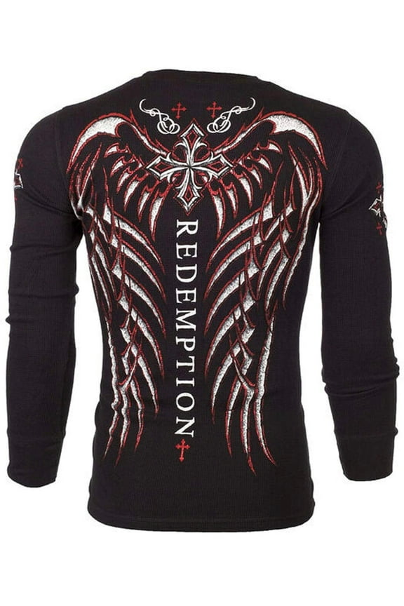 by Affliction Men's Thermal Shirt SPINE WINGS Black