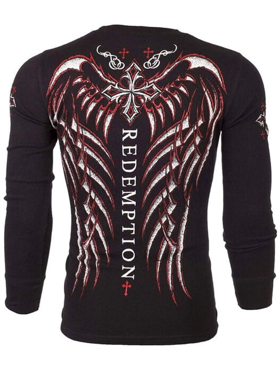 by Affliction Men's Thermal Shirt SPINE WINGS Black