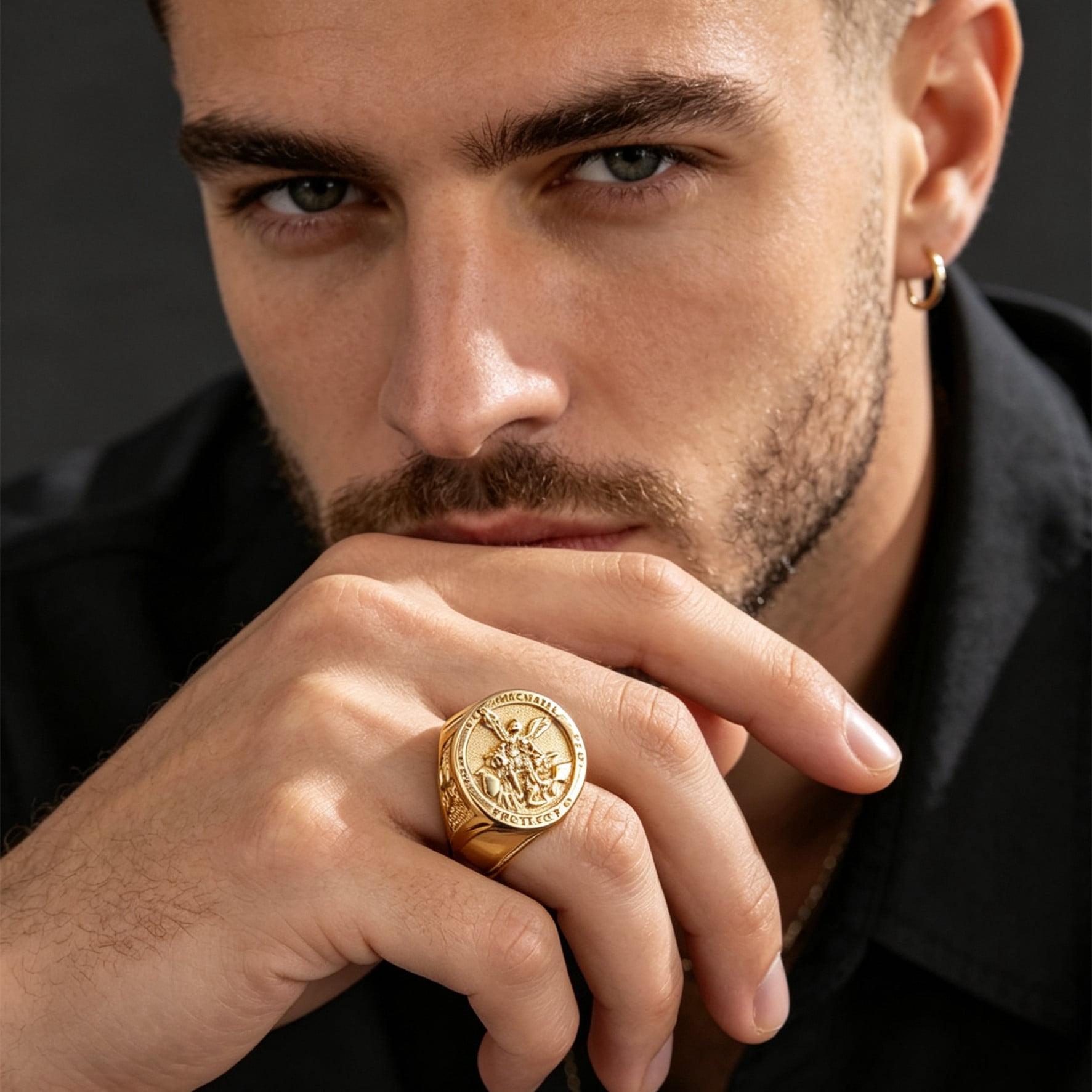 Archangel Figure Medallion Signet Ring For Men Women 14K Gold Filled ...