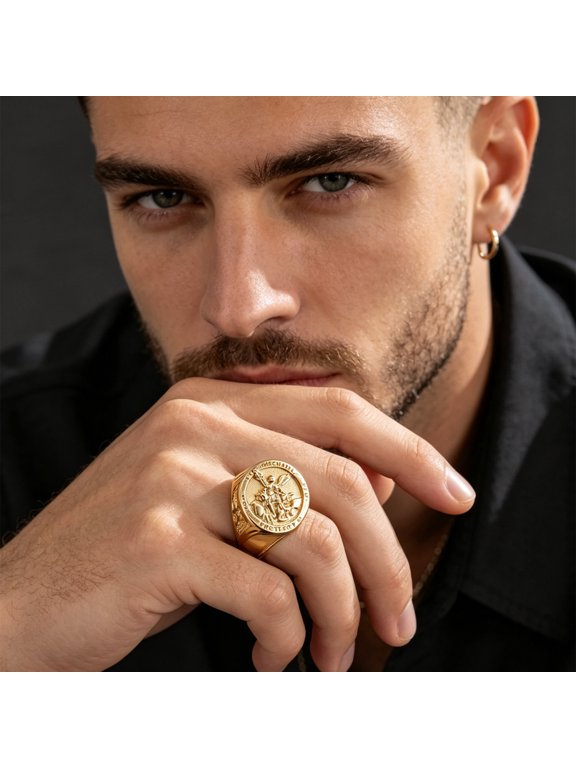 Archangel Figure Medallion Signet Ring For Men Women 14K Gold Filled Noble Timeless Jewelry
