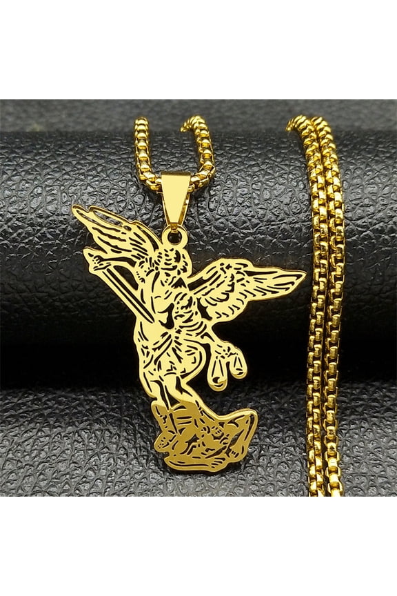 Archangel Michael Amulet 14K Yellow Gold Necklace for Women Men Gold/Silver Color Saint Shield Angel Protection Chain Jewelry