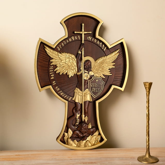 Archangel Michael Cross Solid Wood Carving Gift Wall Hanging Decoration