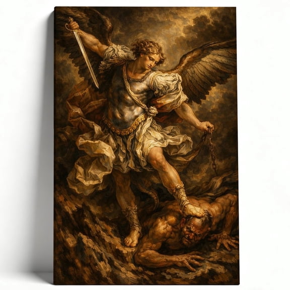 Archangel Michael Defeating Satan Canvas Wall Art, St. Michael Religious Decor for Living Room, Premium Matte Framed Christian Wall Art, Catholic Spiritual Gift 8*12inch(20*30cm)