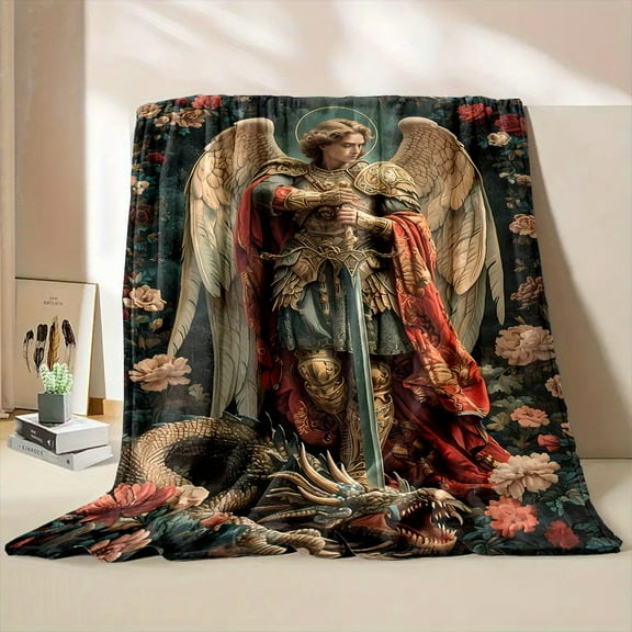 Archangel Michael & Dragon Design Non-Woven Throw Blanket Twill Weave Hand Wash Only All Seasons Comfort Reversible Flannel for Bed Sofa Camping Multiple Sizes Available