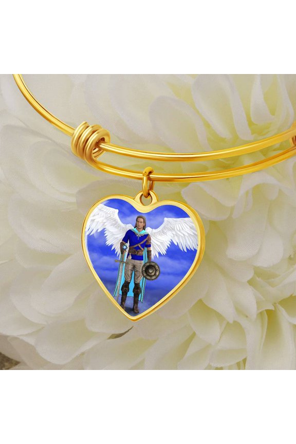 Archangel Michael Heart Charm with a Bangle - Heart Bangle Bracelet (Personalized Engraving Option)