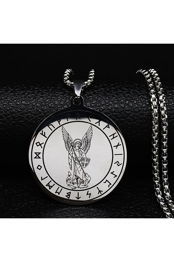 Archangel Michael Medal Angel Necklace for Women Men 14K White Gold Seal of Solomon Protection Chain Jewelry