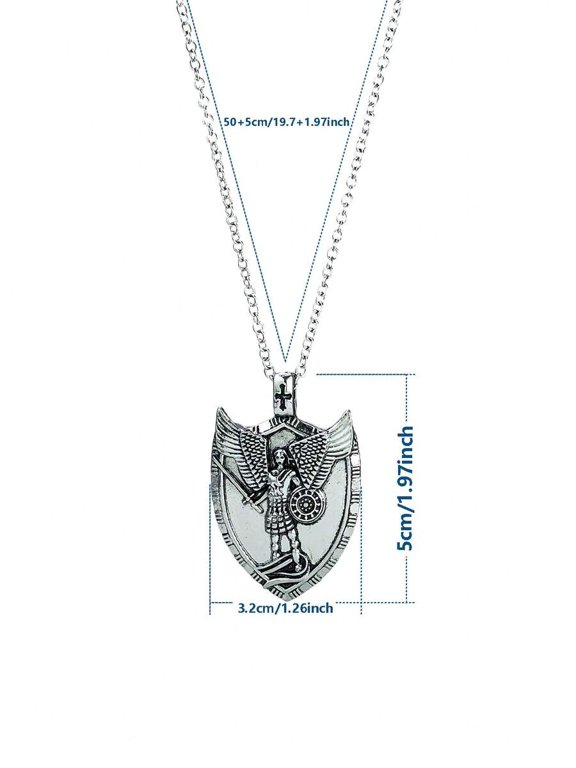 Archangel Michael Shield Pendant Necklace Type B, Silvertone Alloy, Unisex