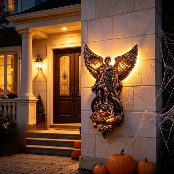 Archangel Michael Statue LED Wall Lamp, Bronze Resin Wall Decor with Sword Shield Cross Warm LED Backlight, Medieval Wall Sconce Angel Statue Night Light for Living Room Bedroom Study