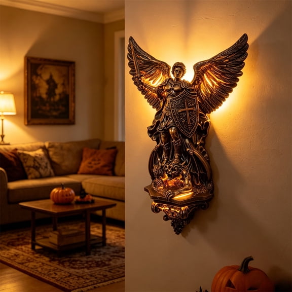 Archangel Michael Wall Lamp, Resin Angel Warrior Wall Sculpture with Warm Accent Glow, Catholic Religious Home Decor for Living Room Bedroom and Hallway, Multiple Sizes Available
