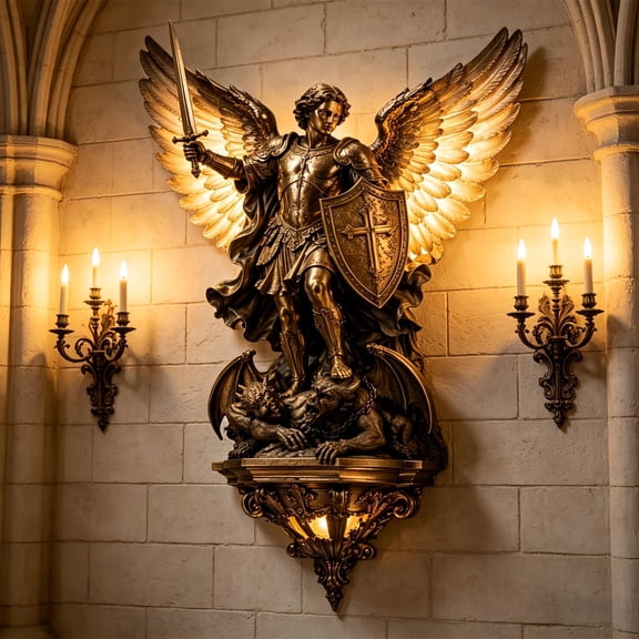 Archangel Michael Wall Lamp with Warm LED Light, Resin Religious Decor with Raised Sword and Shield, for Living Room Bedroom Wall Mount