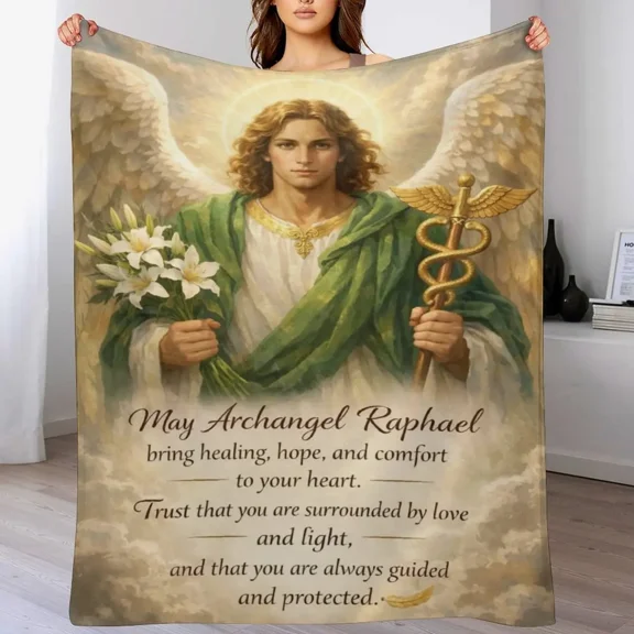 Archangel Raphael Healing Quote Art Print Cozy Flannel Throw Blanket Soft Warm Couch Blanket Catholic Spiritual Decor Christian Gift