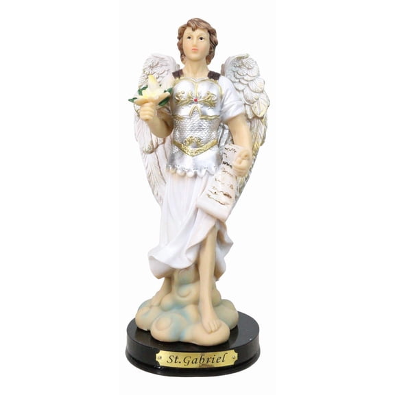 Archangel Saint Gabriel Holding Scroll and White Lotus Figurine With Base 8"H