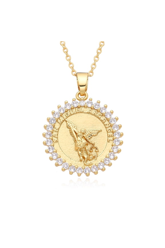 Archangel Saint Michael Hollow Pendant San Miguel Arcangel 14K Yellow Gold Necklace for Women Men Catholic Jewelry Charms Gifts