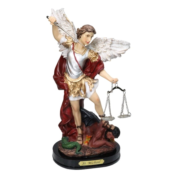 Archangel Saint Michael Trampling Satan With Sword and Scales of Justice Statue