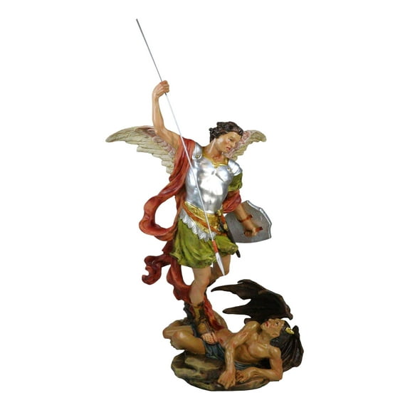 Archangel Saint Michael With Spear And Shield Trampling The Devil Statue 20"H