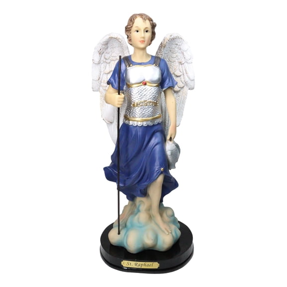 Archangel Saint Raphael Holding Staff And Fish Statue With Name Base 12"H