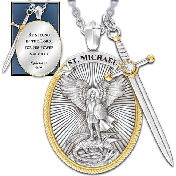 Archangel St. Michael Catholic Patron Steel Pendant Necklace Jewelry Divine Sword Senhield Protection l Divine Shield Protection Necklace Viking Necklace Gift for Men and Women-1PC