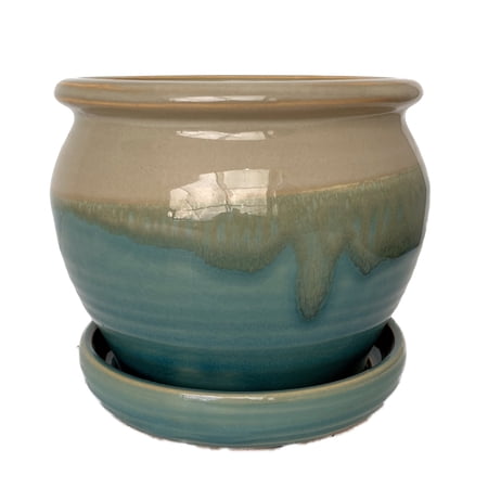 Archdale Ceramic Planter with Attached Saucer - Moss - 6" x 5"