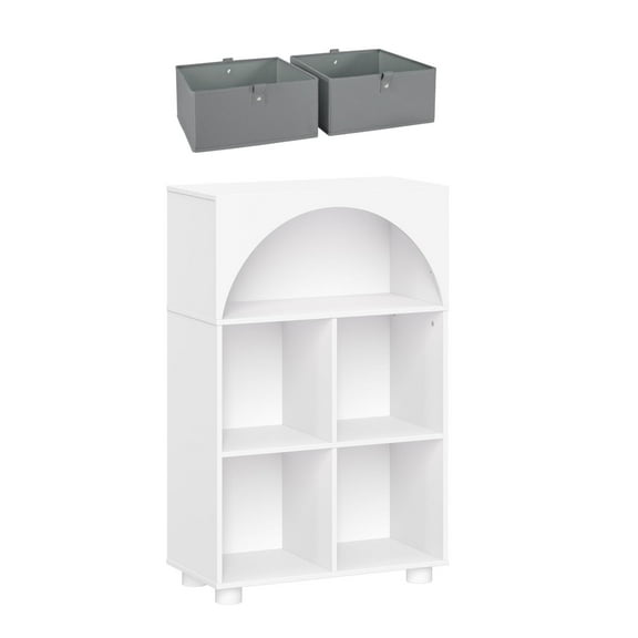 RiverRidge Arched 23in 4-Cubby Entryway Bookshelf and Storage Organizer with 2 Gray Bins